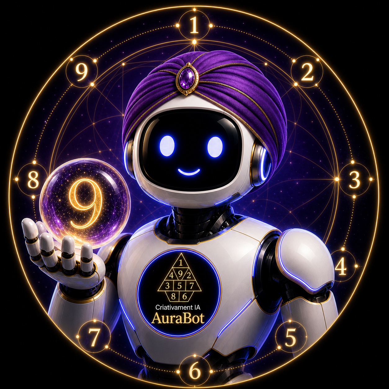 Robô AuraBot da CriativaMent IA com símbolos de numerologia